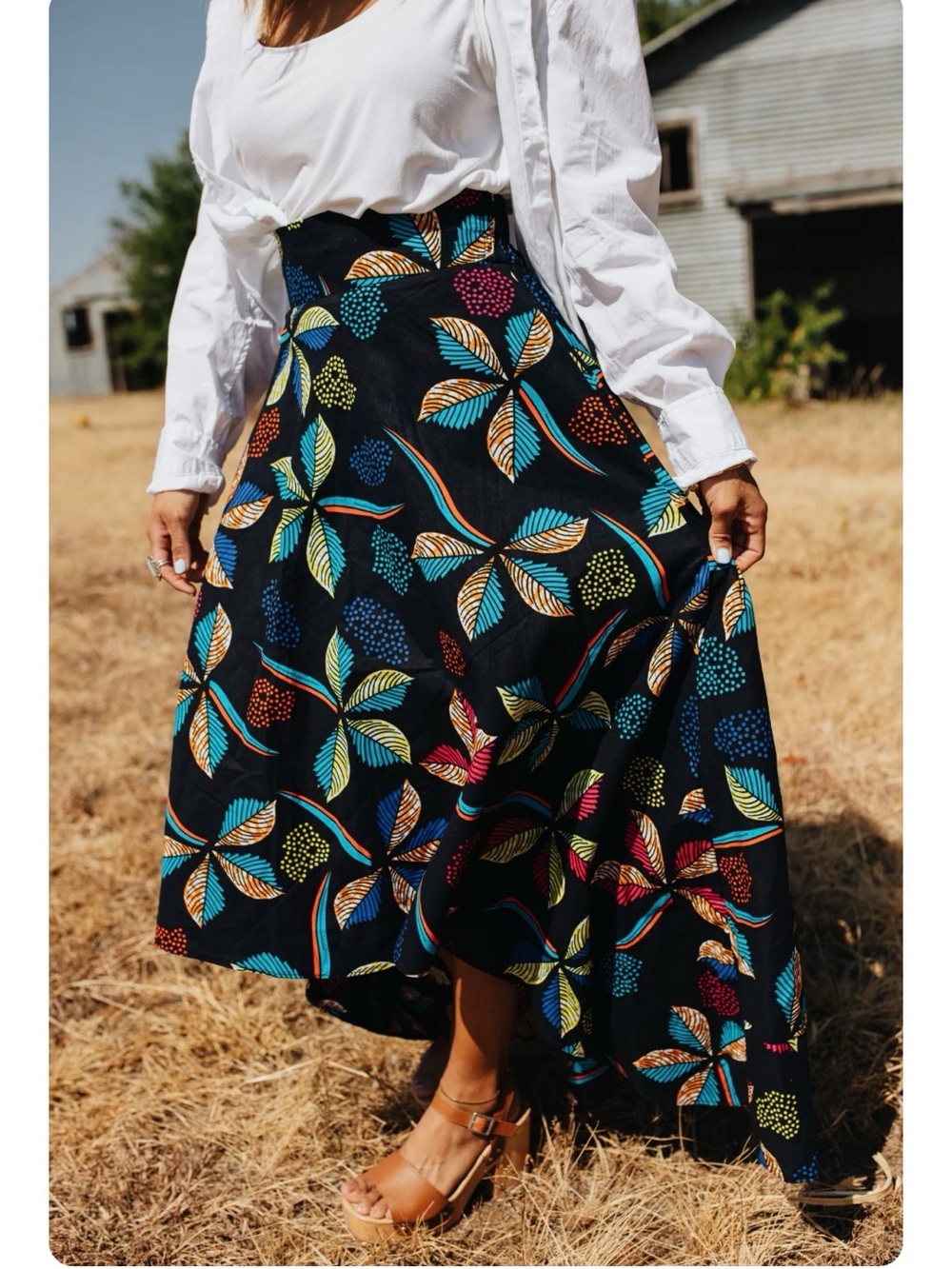 Black Floral Print Maxi Skirt with Multicolor Leaves